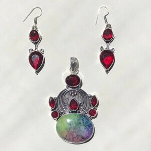 Rainbow Solar Quartz & Red Garnet Necklace & Earring Set